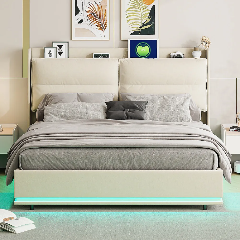 Lit Moderne Rectangulaire 160x200 Cm Avec Sommier à Lattes, Rembourré, USB Et Type-c, Coffre, Beige>Fortuna lai