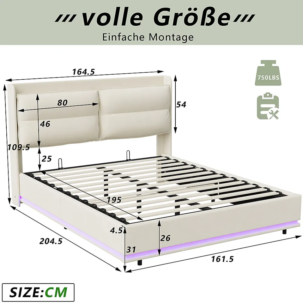 Lit Moderne Rectangulaire 160x200 Cm Avec Sommier à Lattes, Rembourré, USB Et Type-c, Coffre, Beige>Fortuna lai