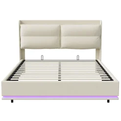 Lit Moderne Rectangulaire 160x200 Cm Avec Sommier à Lattes, Rembourré, USB Et Type-c, Coffre, Beige><noscript><img width=