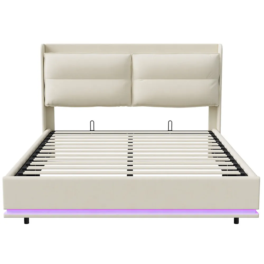 Lit Moderne Rectangulaire 160x200 Cm Avec Sommier à Lattes, Rembourré, USB Et Type-c, Coffre, Beige>Fortuna lai