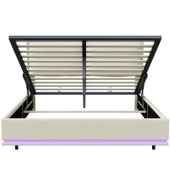 Lit Moderne Rectangulaire 160x200 Cm Avec Sommier à Lattes, Rembourré, USB Et Type-c, Coffre, Beige><noscript><img width=