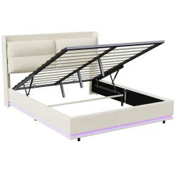 Lit Moderne Rectangulaire 160x200 Cm Avec Sommier à Lattes, Rembourré, USB Et Type-c, Coffre, Beige><noscript><img width=