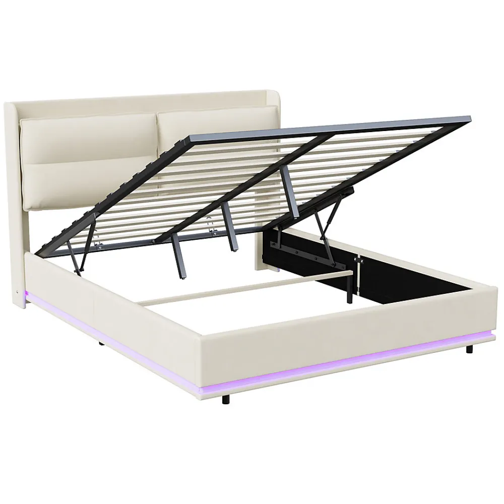 Lit Moderne Rectangulaire 160x200 Cm Avec Sommier à Lattes, Rembourré, USB Et Type-c, Coffre, Beige>Fortuna lai