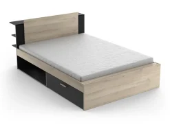 Lit modulable 140 x 190/200 cm avec rangements - Coloris : Naturel et noir - ERALIA>Vente-unique Discount