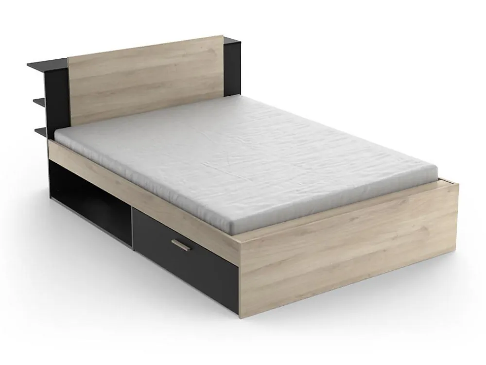 Lit modulable 140 x 190/200 cm avec rangements - Coloris : Naturel et noir - ERALIA>Vente-unique Discount