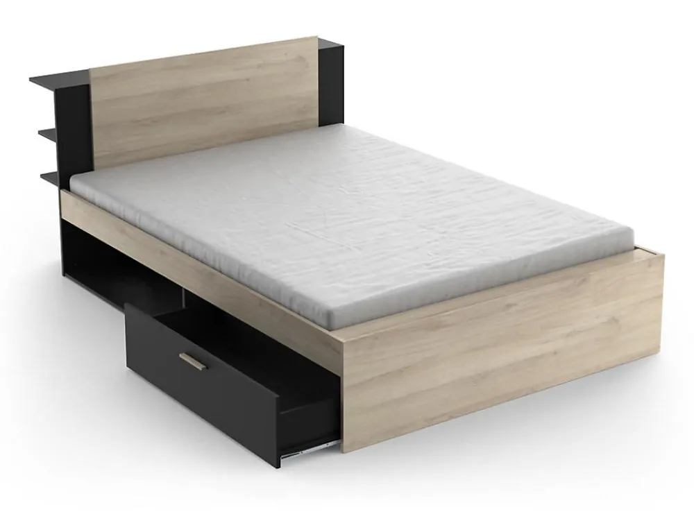 Lit modulable 140 x 190/200 cm avec rangements - Coloris : Naturel et noir - ERALIA>Vente-unique Discount