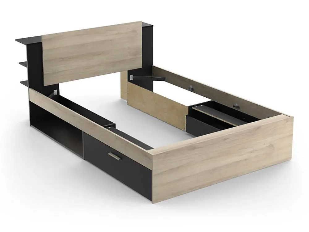 Lit modulable 140 x 190/200 cm avec rangements - Coloris : Naturel et noir - ERALIA>Vente-unique Discount
