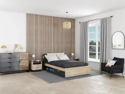 Lit modulable 140 x 190/200 cm avec rangements - Coloris : Naturel et noir - ERALIA><noscript><img width=