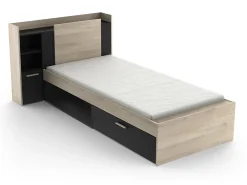 Vente-unique Lit modulable 90 x 190/200 cm avec rangements - Noir et naturel - MARTELO* Lit Avec Rangement