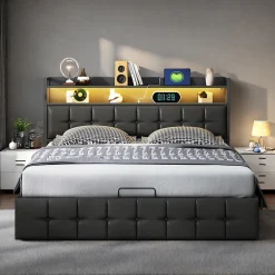 Simple Life Lit multifonction 140x200 cm en cuirPolyuréthanenoir avec LED RGB, coffre hydraulique, prises intégrées et chargeur européen* Lit Coffre
