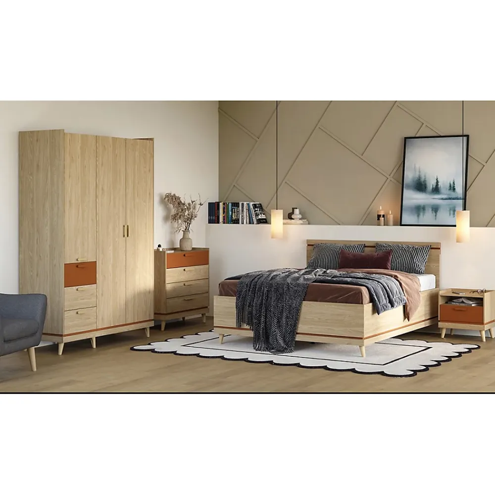 Meublorama Lit NOKI 180x200 cm chene clair et moka Style scandinave sans sommier* Lit Double