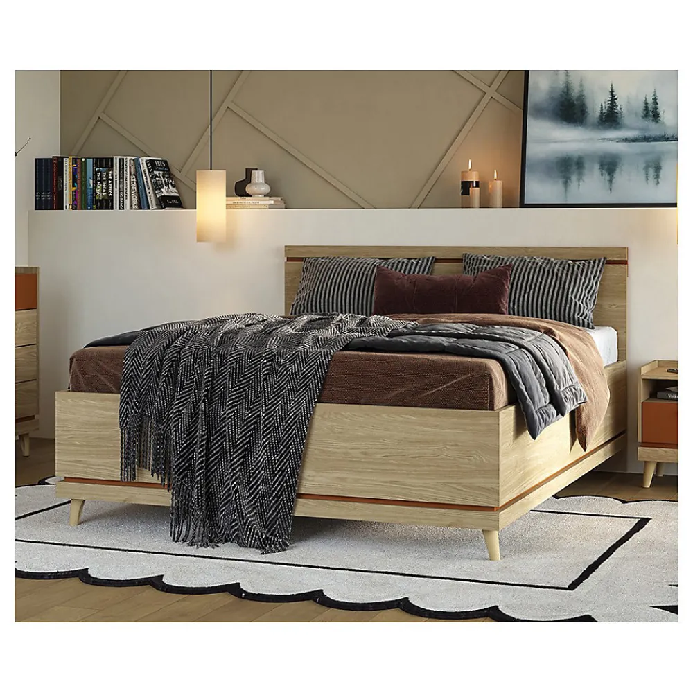 Meublorama Lit NOKI 180x200 cm chene clair et moka Style scandinave sans sommier* Lit Double