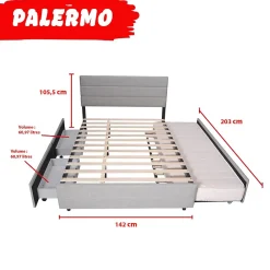 Weber Industries Lit PALERMO 140x200 +1 sommier+2 tiroirs+1 tiroir lit 90x190 / Gris clair* Lit Avec Rangement