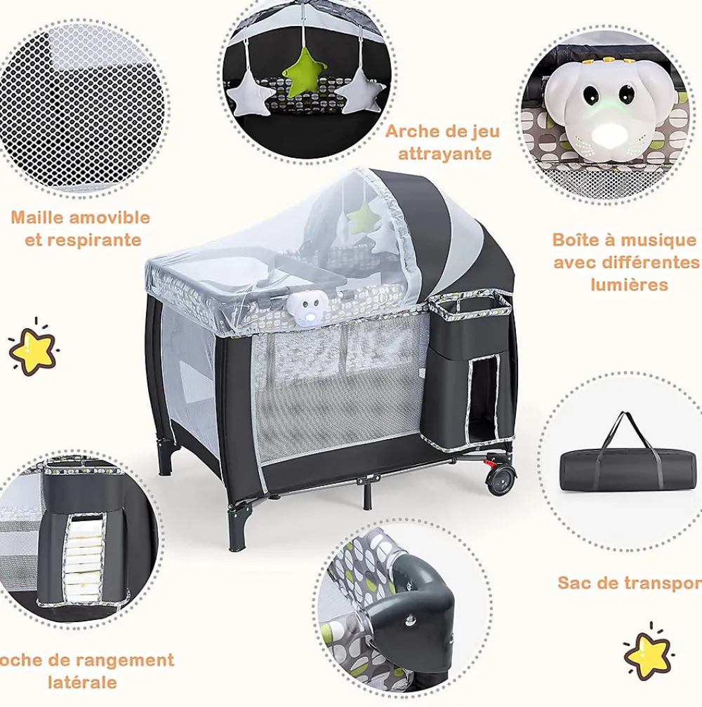 Lit Parapluie pour Bebe Pliable a roulettes avec Table a Langer et Matelas Lit de Voyage Bebe Gris>Giantex Hot