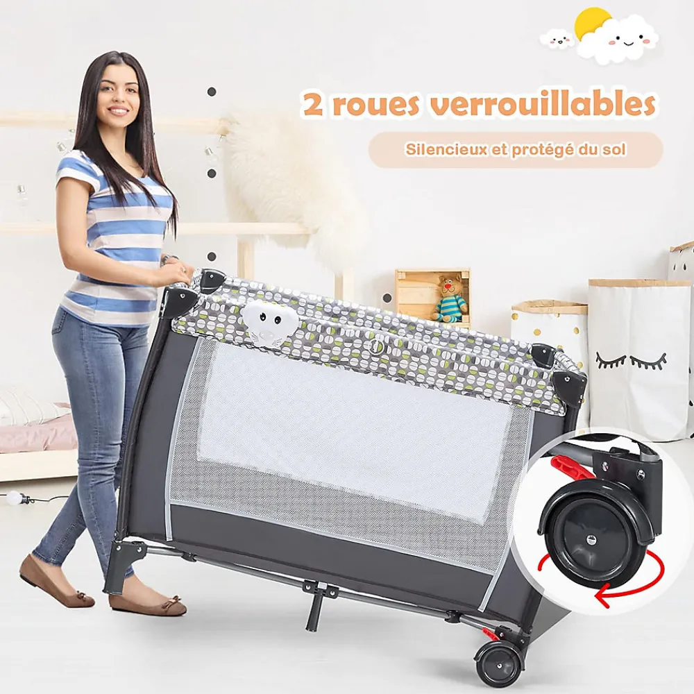 Lit Parapluie pour Bebe Pliable a roulettes avec Table a Langer et Matelas Lit de Voyage Bebe Gris>Giantex Hot