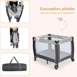 Lit Parapluie pour Bebe Pliable a roulettes avec Table a Langer et Matelas Lit de Voyage Bebe Gris><noscript><img width=