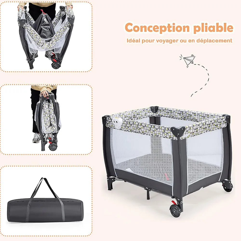 Lit Parapluie pour Bebe Pliable a roulettes avec Table a Langer et Matelas Lit de Voyage Bebe Gris>Giantex Hot