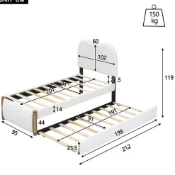 Lit plat rembourré 90 x 200 cm avec roulettes, blanc, noir><noscript><img width=