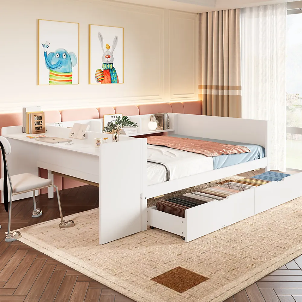 Lit Plat 140x200cm, Bureau, 2 Tiroirs, Pin + Panneau, Sans Matelas, Blanc>Fortuna lai Clearance