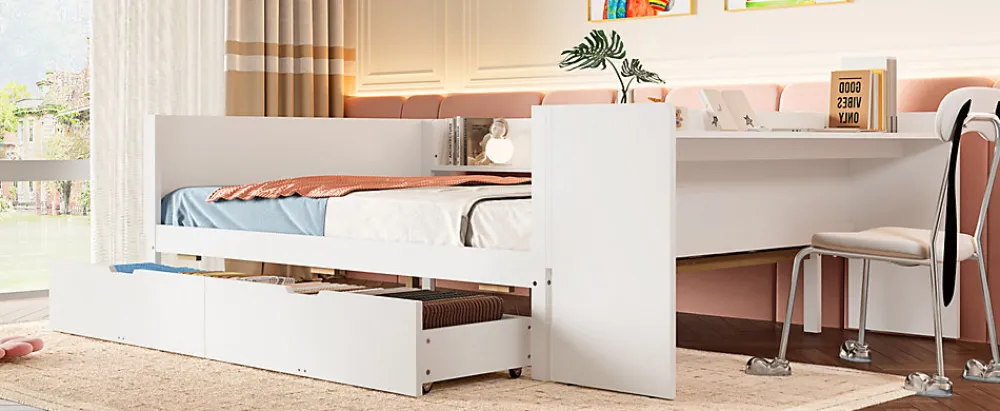 Lit Plat 140x200cm, Bureau, 2 Tiroirs, Pin + Panneau, Sans Matelas, Blanc>Fortuna lai Clearance