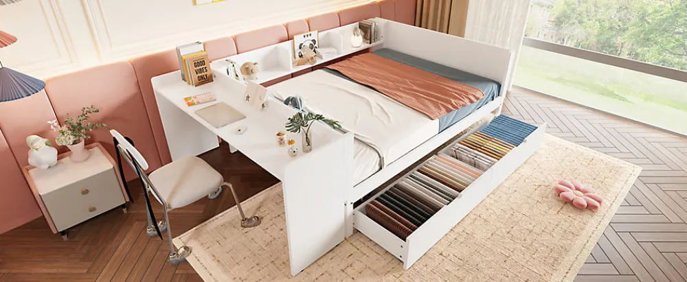 Lit Plat 140x200cm, Bureau, 2 Tiroirs, Pin + Panneau, Sans Matelas, Blanc>Fortuna lai Clearance