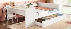 Lit Plat 140x200cm, Bureau, 2 Tiroirs, Pin + Panneau, Sans Matelas, Blanc><noscript><img width=