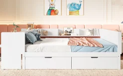 Lit Plat 140x200cm, Bureau, 2 Tiroirs, Pin + Panneau, Sans Matelas, Blanc><noscript><img width=