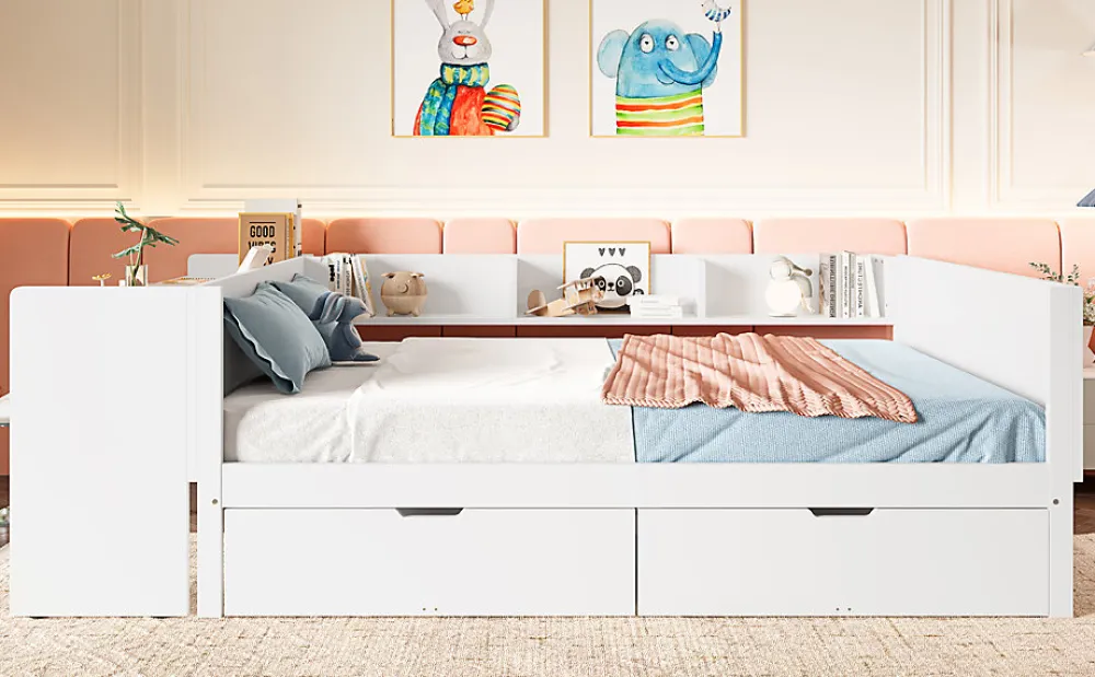 Lit Plat 140x200cm, Bureau, 2 Tiroirs, Pin + Panneau, Sans Matelas, Blanc>Fortuna lai Clearance