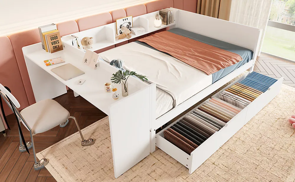 Lit Plat 140x200cm, Bureau, 2 Tiroirs, Pin + Panneau, Sans Matelas, Blanc>Fortuna lai Clearance