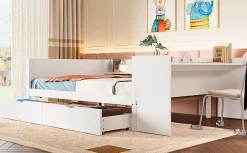 Lit Plat 140x200cm, Bureau, 2 Tiroirs, Pin + Panneau, Sans Matelas, Blanc><noscript><img width=