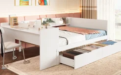 Lit Plat 140x200cm, Bureau, 2 Tiroirs, Pin + Panneau, Sans Matelas, Blanc><noscript><img width=