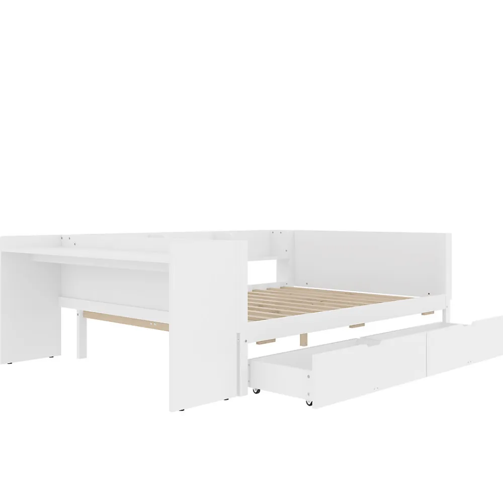 Lit Plat 140x200cm, Bureau, 2 Tiroirs, Pin + Panneau, Sans Matelas, Blanc>Fortuna lai Clearance