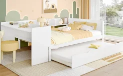 Fortuna lai Lit Plat 140x200cm, Bureau, Lit Escamotable, 2 Tiroirs, Pin + Panneau, Blanc*Enfant Lit Enfant