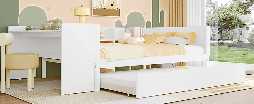 Fortuna lai Lit Plat 140x200cm, Bureau, Lit Escamotable, 2 Tiroirs, Pin + Panneau, Blanc*Enfant Lit Enfant