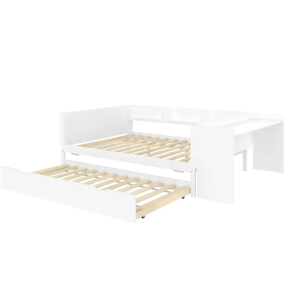 Fortuna lai Lit Plat 140x200cm, Bureau, Lit Escamotable, 2 Tiroirs, Pin + Panneau, Blanc*Enfant Lit Enfant