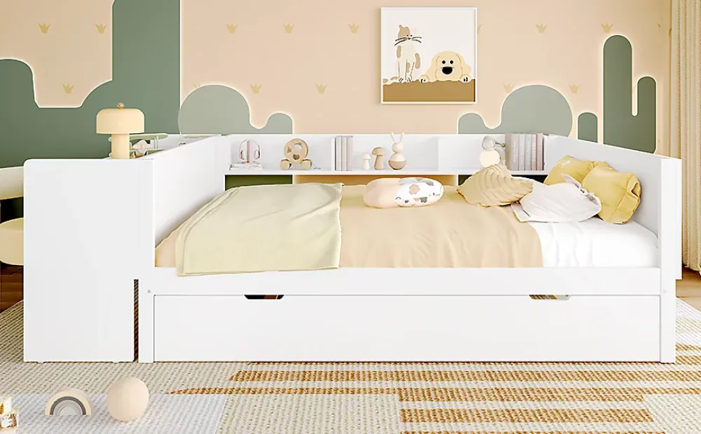 Fortuna lai Lit Plat 140x200cm, Bureau, Lit Escamotable, 2 Tiroirs, Pin + Panneau, Blanc*Enfant Lit Enfant