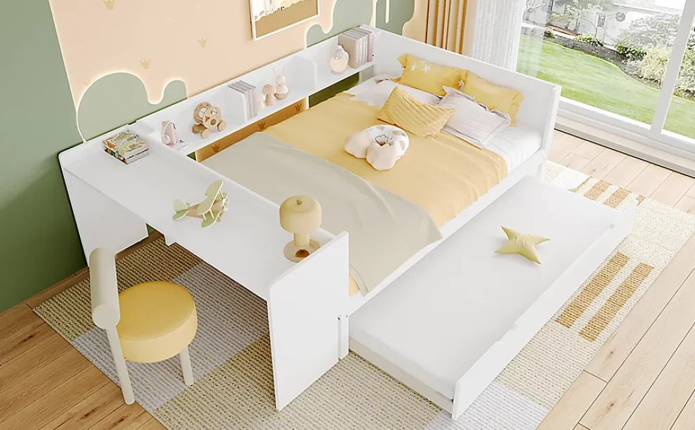 Fortuna lai Lit Plat 140x200cm, Bureau, Lit Escamotable, 2 Tiroirs, Pin + Panneau, Blanc*Enfant Lit Enfant