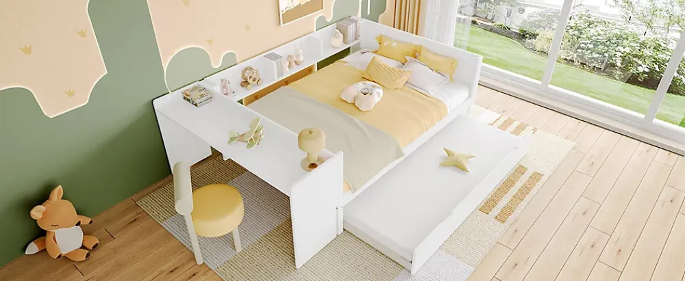 Fortuna lai Lit Plat 140x200cm, Bureau, Lit Escamotable, 2 Tiroirs, Pin + Panneau, Blanc*Enfant Lit Enfant