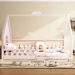 Lit Plat 140x200cm, Forme Maison, Rampe, Pin, Rose>Fortuna lai New