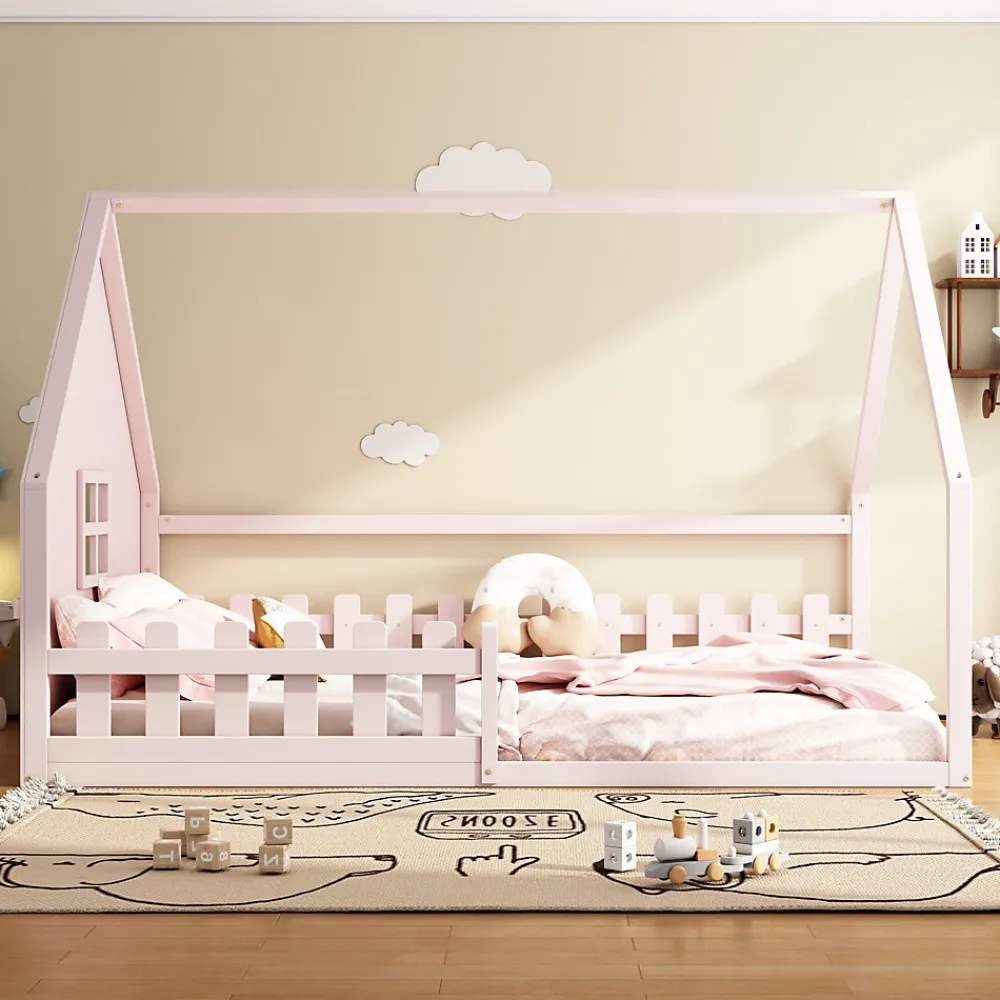 Lit Plat 140x200cm, Forme Maison, Rampe, Pin, Rose>Fortuna lai New