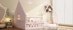 Lit Plat 140x200cm, Forme Maison, Rampe, Pin, Rose>Fortuna lai New