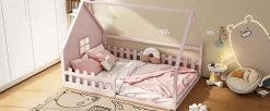 Lit Plat 140x200cm, Forme Maison, Rampe, Pin, Rose><noscript><img width=