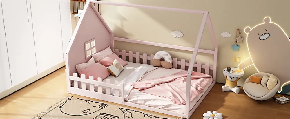 Lit Plat 140x200cm, Forme Maison, Rampe, Pin, Rose>Fortuna lai New