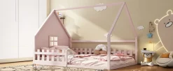 Lit Plat 140x200cm, Forme Maison, Rampe, Pin, Rose><noscript><img width=