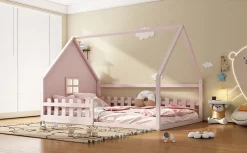 Lit Plat 140x200cm, Forme Maison, Rampe, Pin, Rose><noscript><img width=