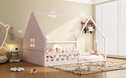 Lit Plat 140x200cm, Forme Maison, Rampe, Pin, Rose><noscript><img width=