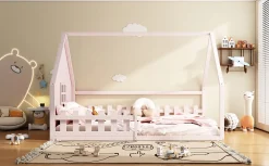 Lit Plat 140x200cm, Forme Maison, Rampe, Pin, Rose><noscript><img width=