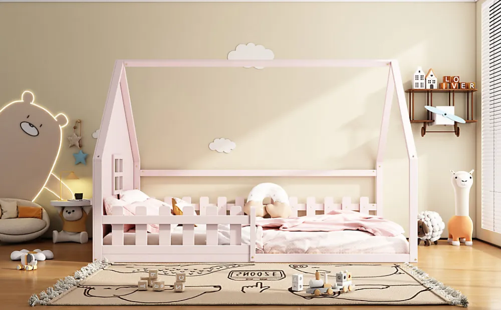 Lit Plat 140x200cm, Forme Maison, Rampe, Pin, Rose>Fortuna lai New