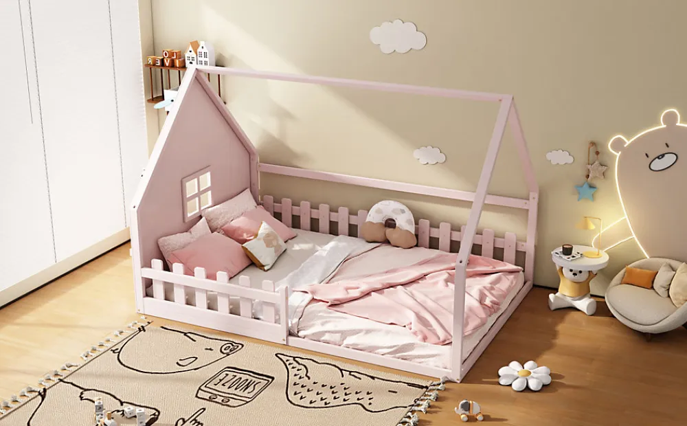 Lit Plat 140x200cm, Forme Maison, Rampe, Pin, Rose>Fortuna lai New