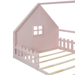 Lit Plat 140x200cm, Forme Maison, Rampe, Pin, Rose><noscript><img width=